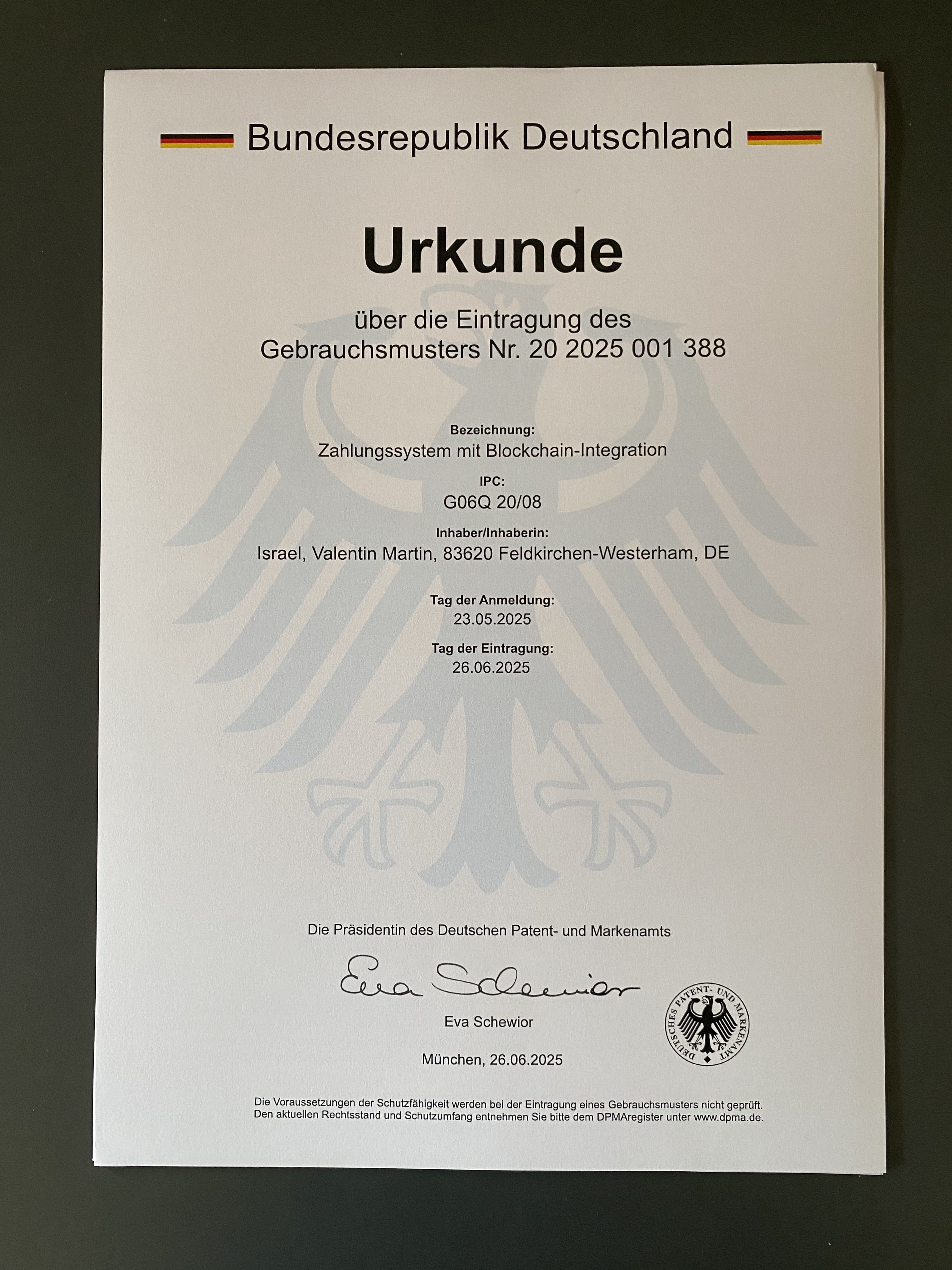 German Patent Office certificate